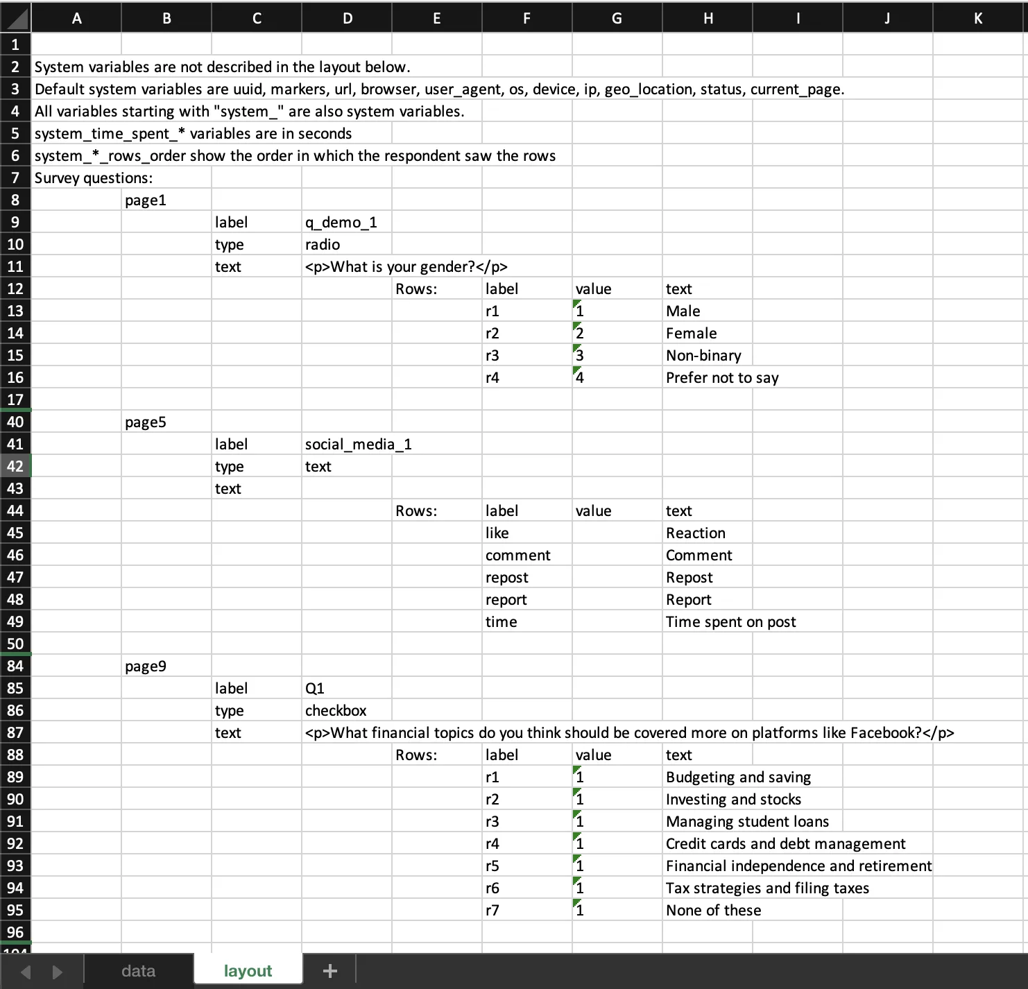 Data Exports - Layout Sheet